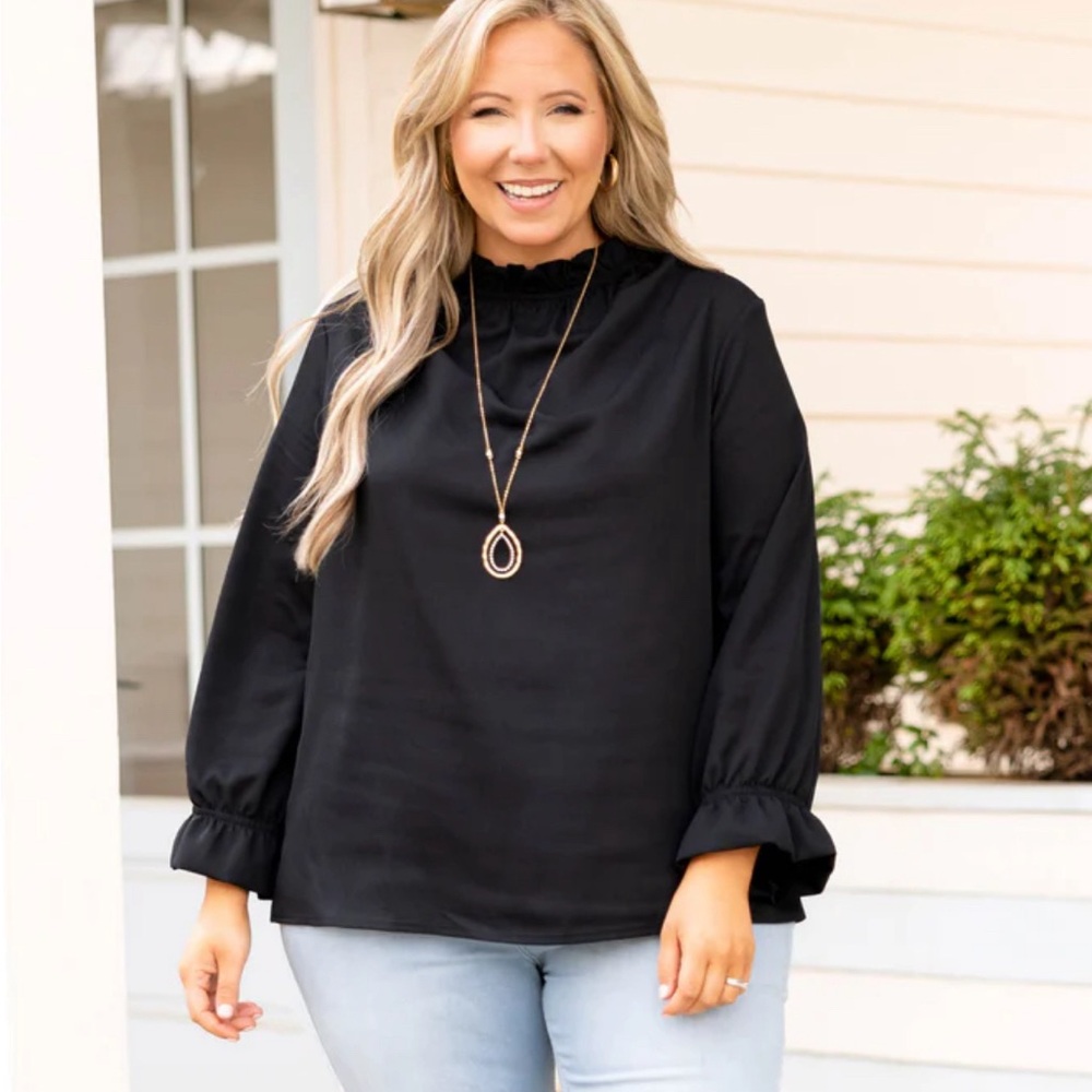 Chic Soul Black Ruffled Neck Long Sleeve Blouse